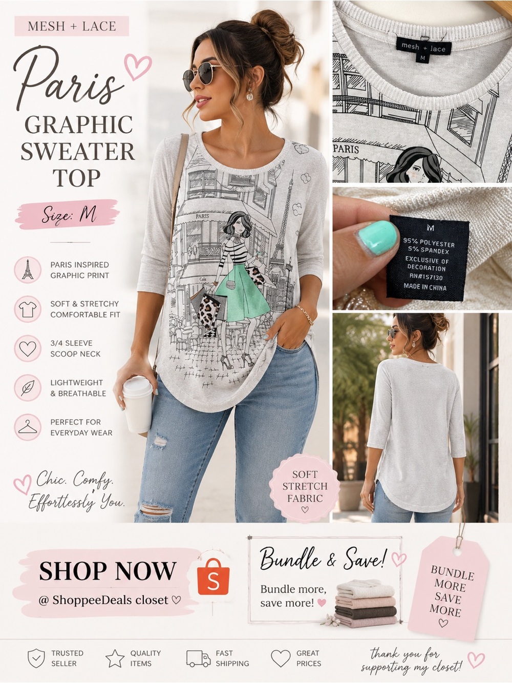 Mesh + Lace Paris Graphic Sweater Top - Size M